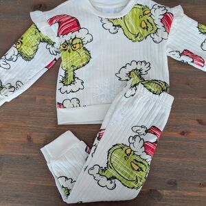 Kids Holiday Grinch Matching Pajama Set - White & Green